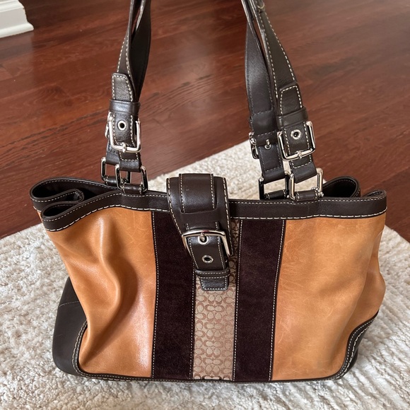 Coach Strip Brown & Tan Soft Leather Shoulder Bag - Picture 10 of 14